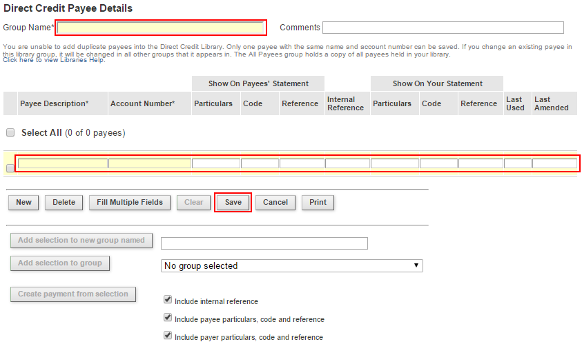 Image highlighting group name and payee sections in direct credit payees group